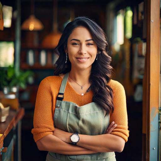 Propietaria de pequeña empresa sonriendo con los brazos cruzados en su tienda